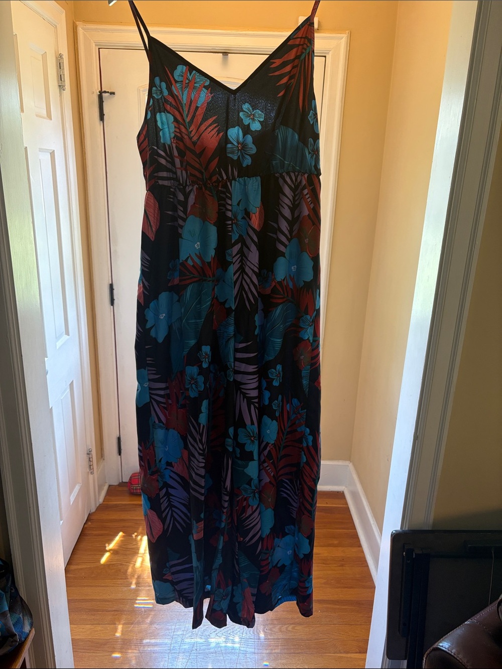 SHEIN Black Maxi Jumpsuit with Teal and Burgundy Tropical Print